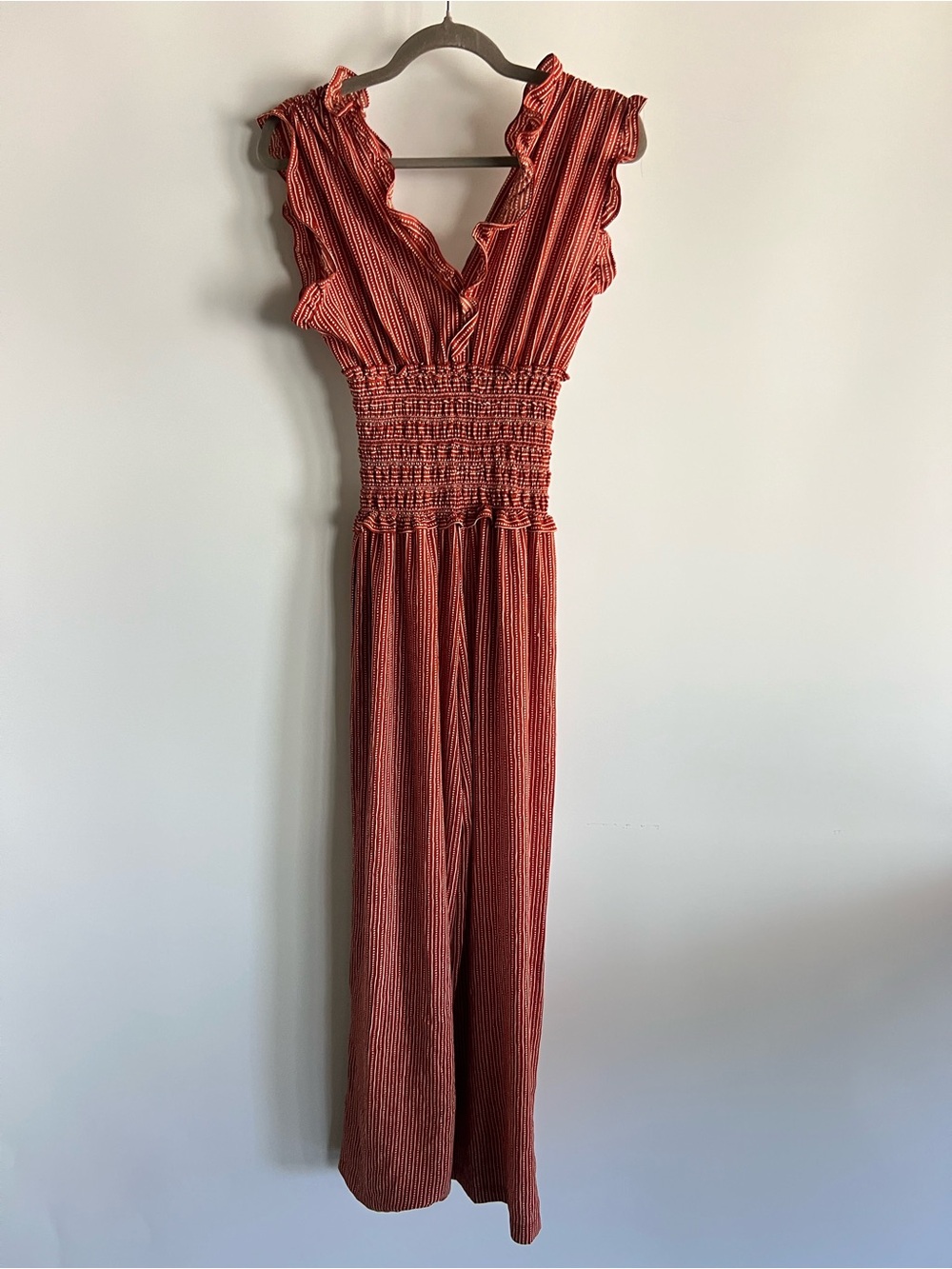 Max Studio Rust Orange Striped Ruffled V-Neck Jumpsuit